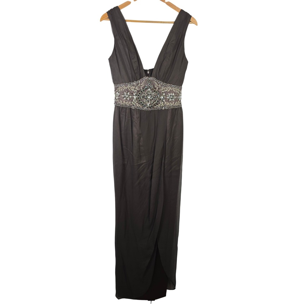 Mandalay Brown 100% Silk Beaded Deep V-Neck Evening Gown Dress Womens Size 4